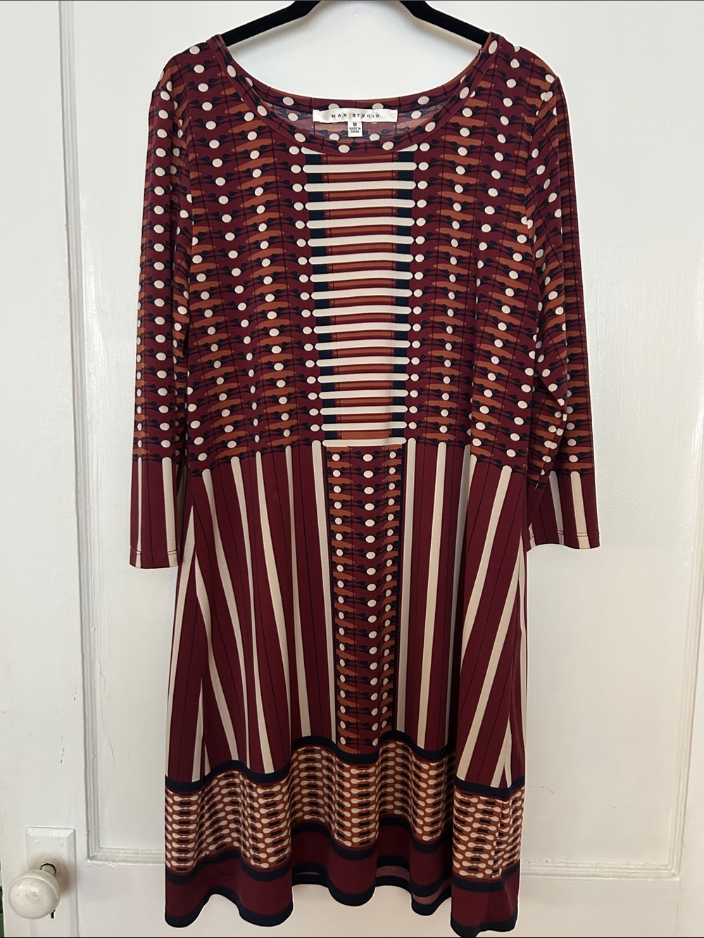 Max Studio Maroon & Cream Mixed-Pattern Long Sleeve A-Line Dress